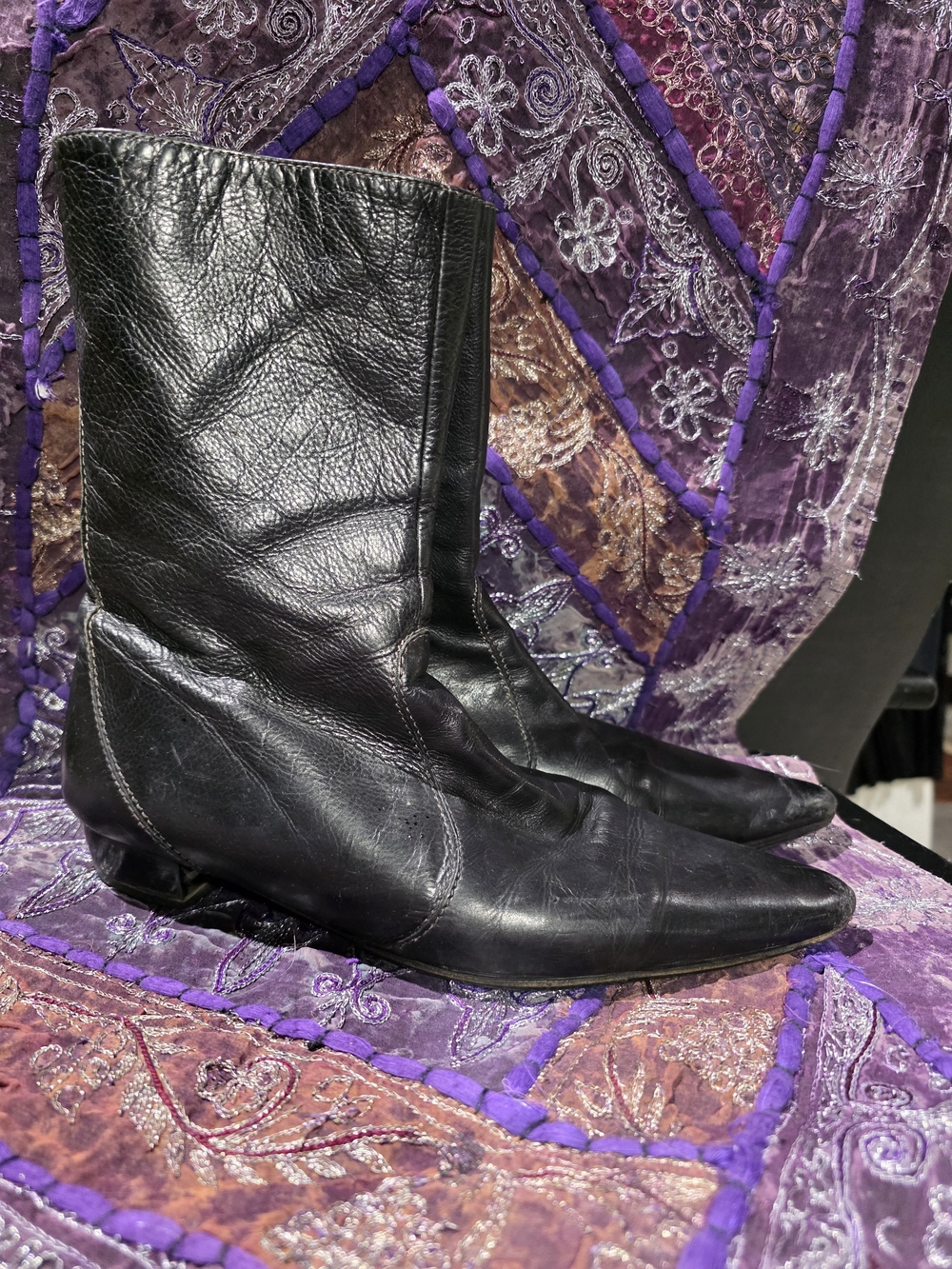 Black Leather Mid-Calf Women's Winklepicker Boots